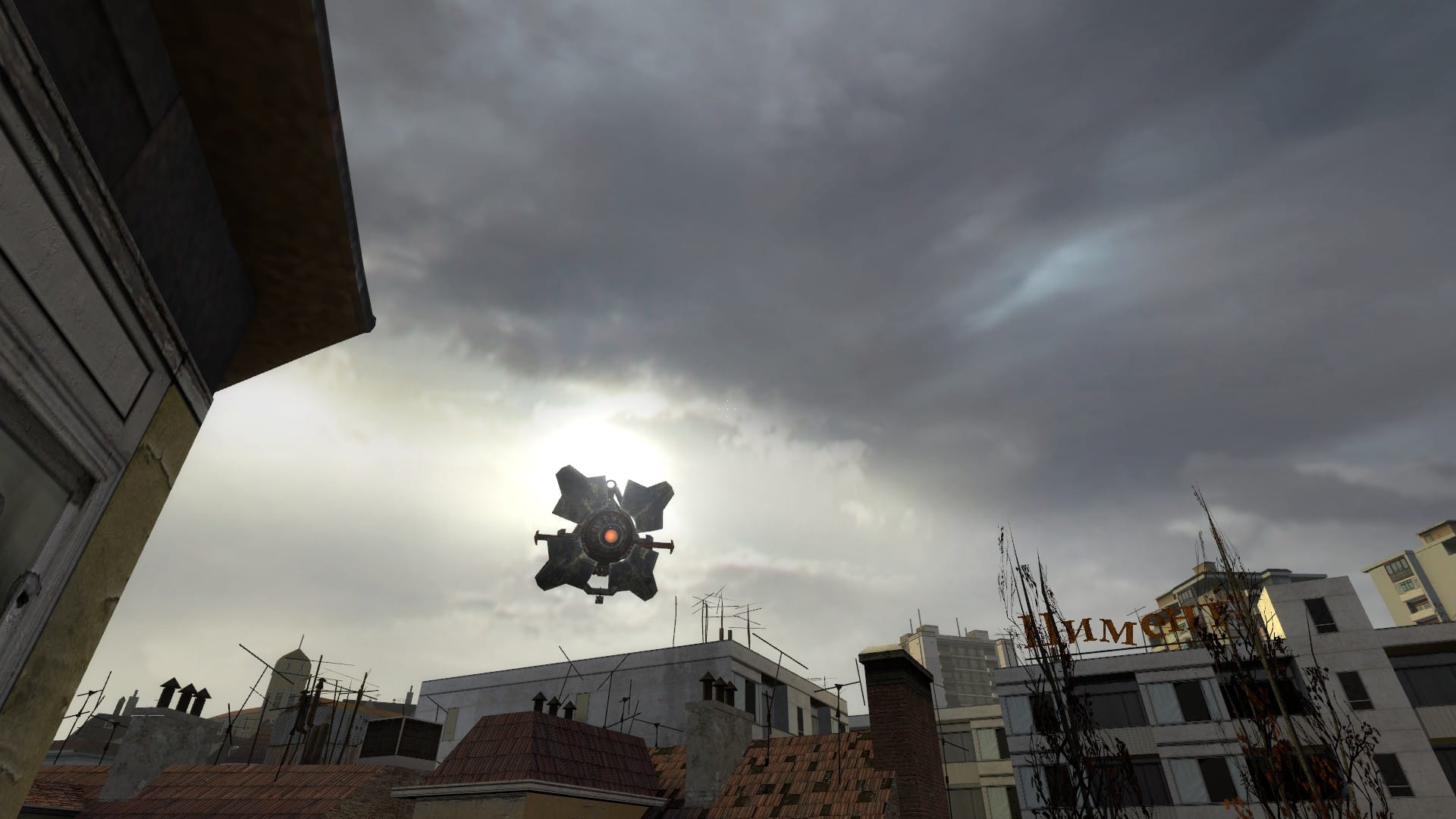 A 'city scanner' flying robot heads towards the player to inspect them. 