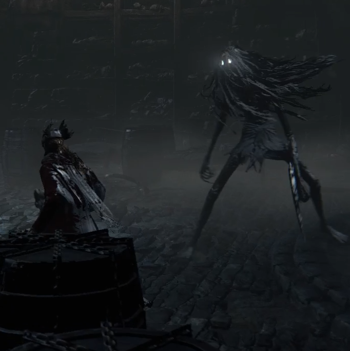 The player walks through a dark dungeon, next to a creature with black rags and glowing white eyes.