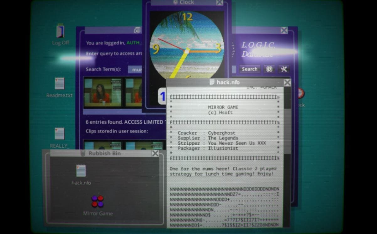 A retro PC monitor, with a text file called Mirror Game open.