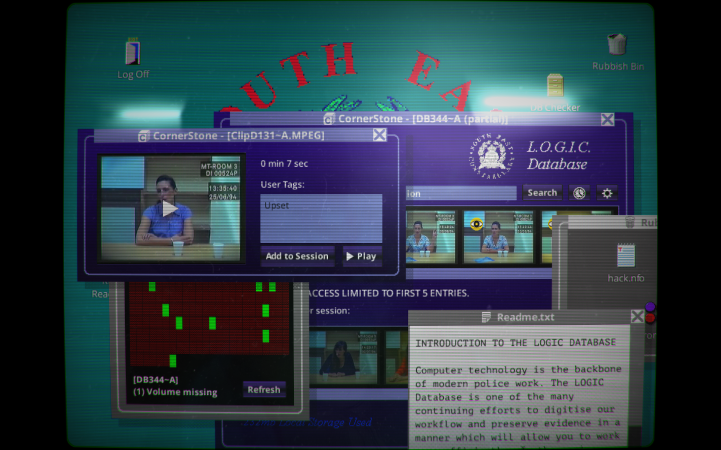 A teal-coloured background on a retro PC screen, with several open windows showing videos and text files. 