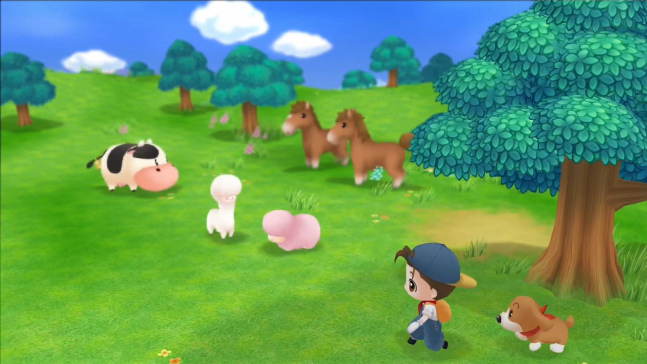 A scene from the Friends of Mineral Town remake. The player-character walks alongside a dog, with farm animals in the background on a hill.