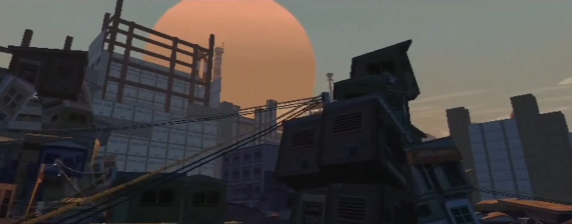 The sun goes down on rubble and ruins in Jet Set Radio Future's Tokyo.