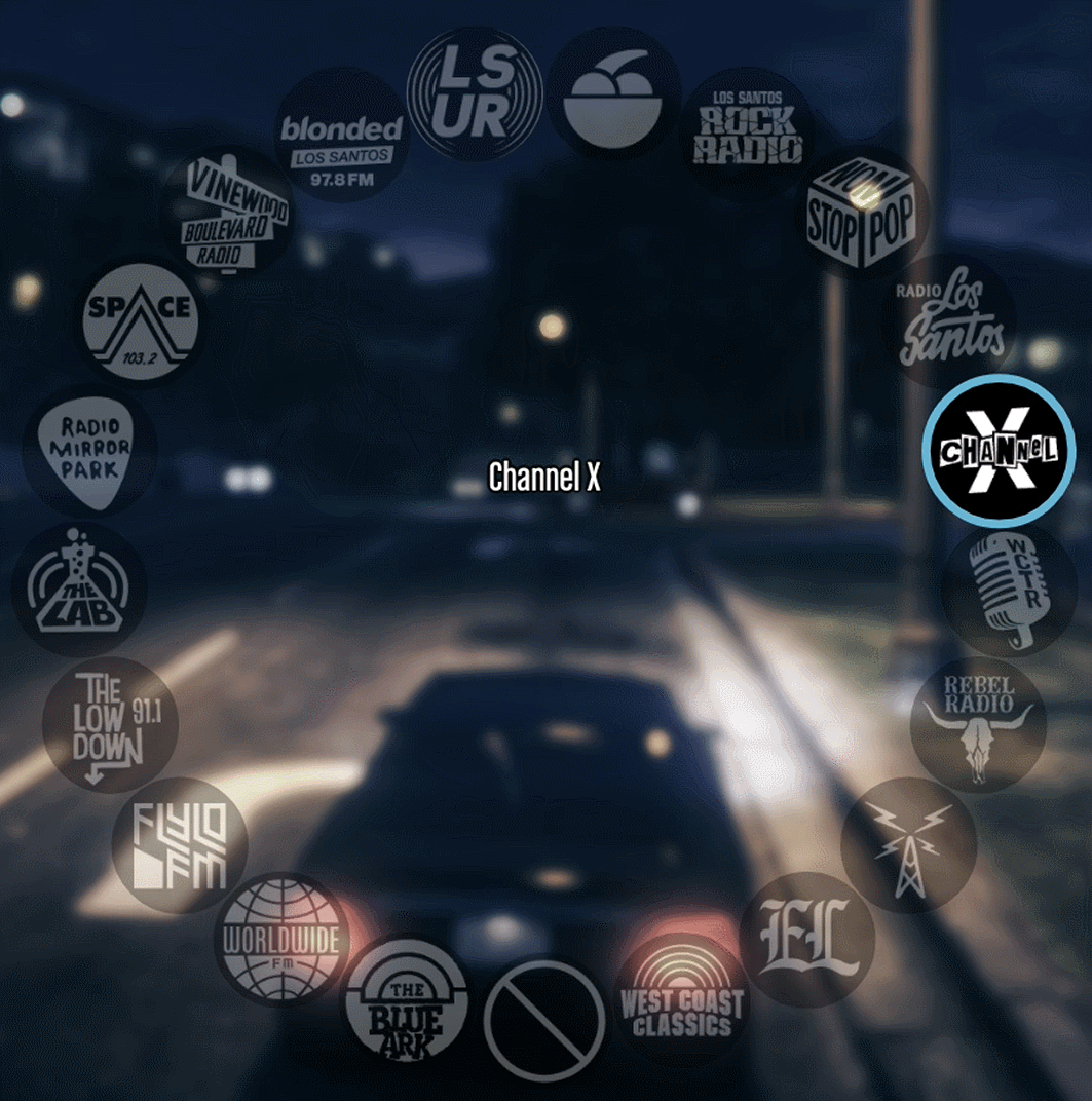 A gif showing the radio wheel in GTA V as the player is driving. 