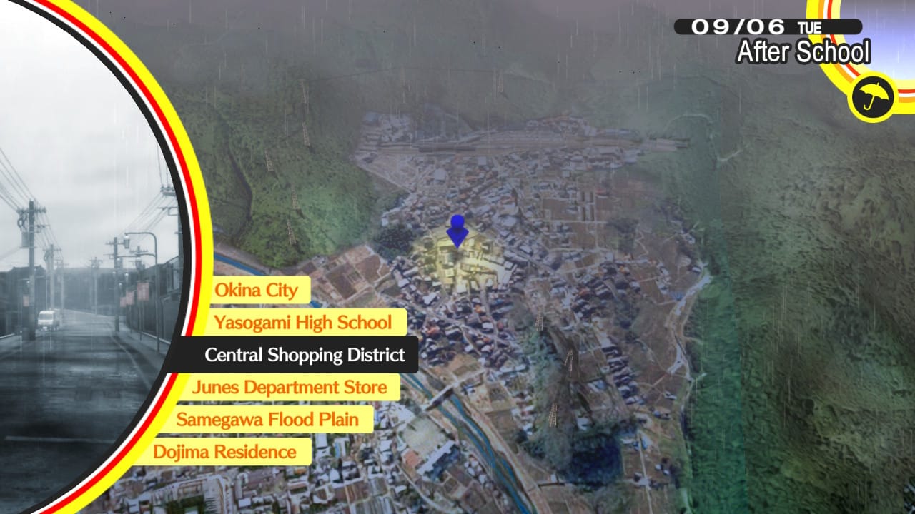 The game map of Inaba, showing locations such as the Central Shopping District. 