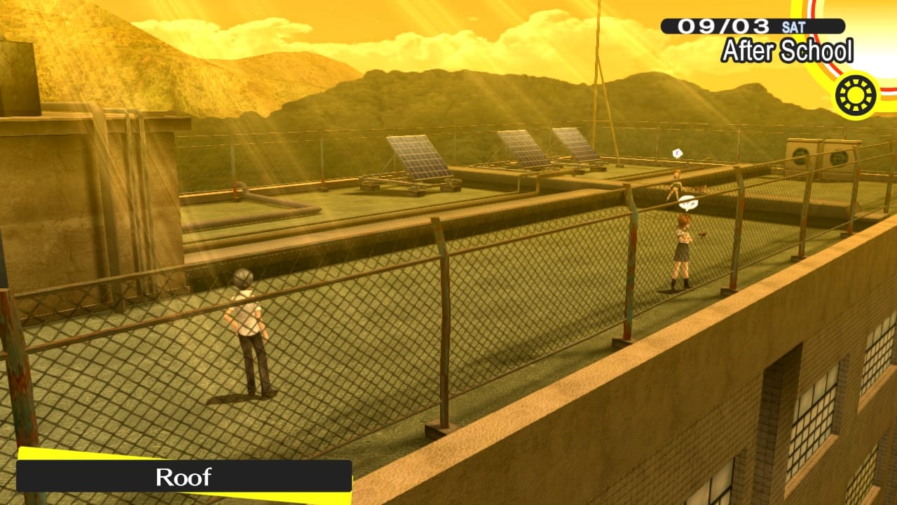 The player-character walks on the school's roof, where they can talk to classmates. The scene is bathed in yellow light.