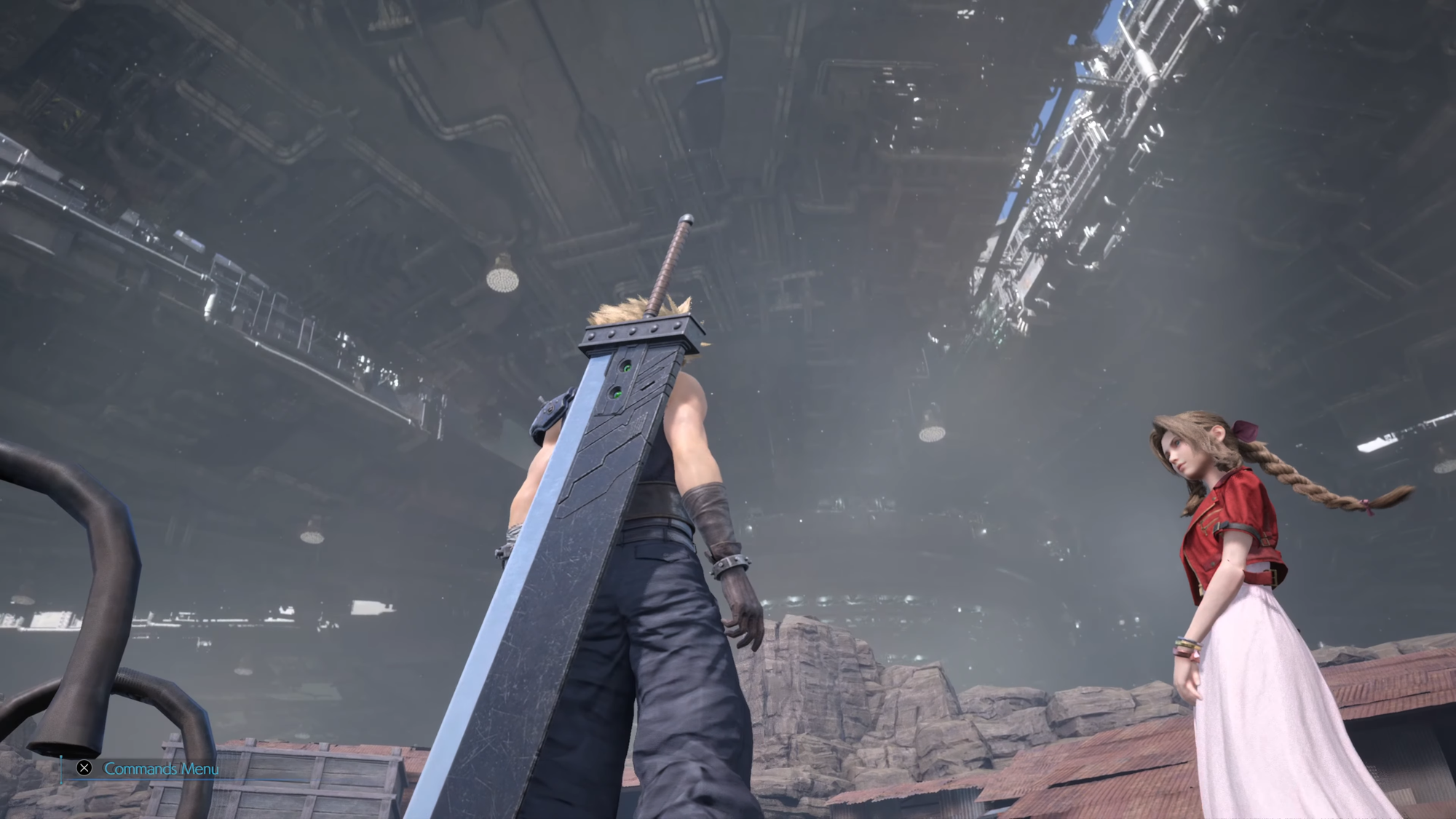 Cloud and Aerith stand below Midgar. Looking up, you can see pipework and industrial details.