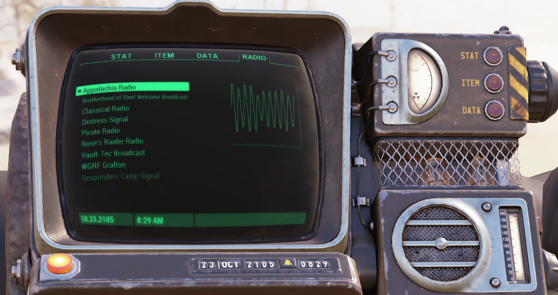 The Fallout 76 Pip-Boy radio, tuned into the Appalachia Radio station.