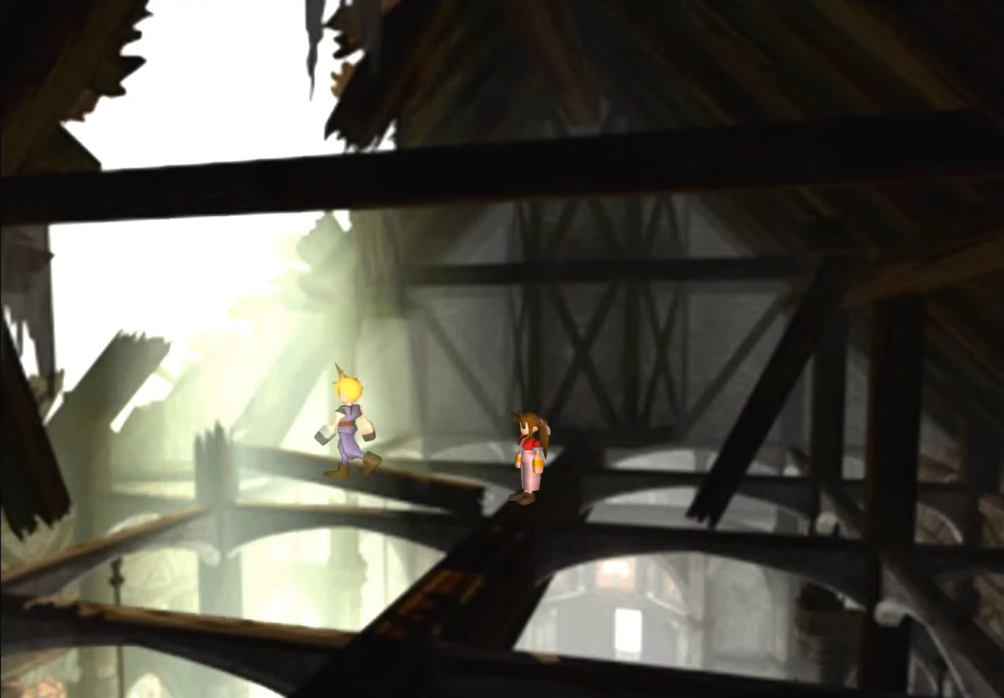 Cloud and Aerith stand on church rafters in the original FF7.