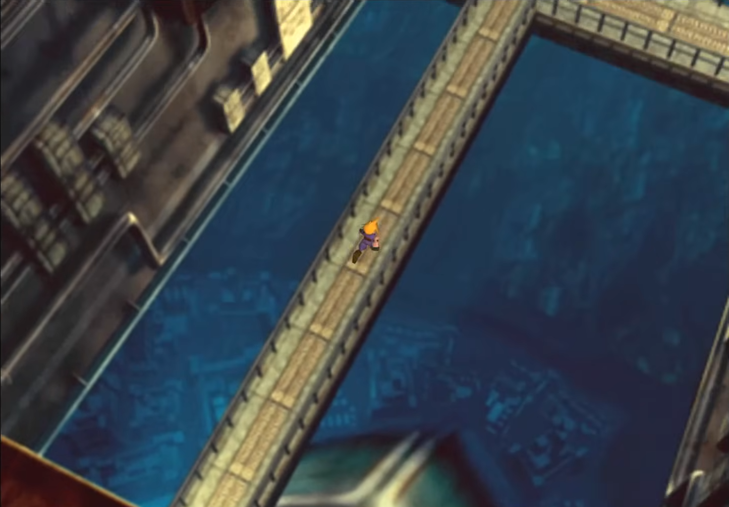 Cloud crosses a bridge in the original FF7. Below, you can see a glimpse of the slums.