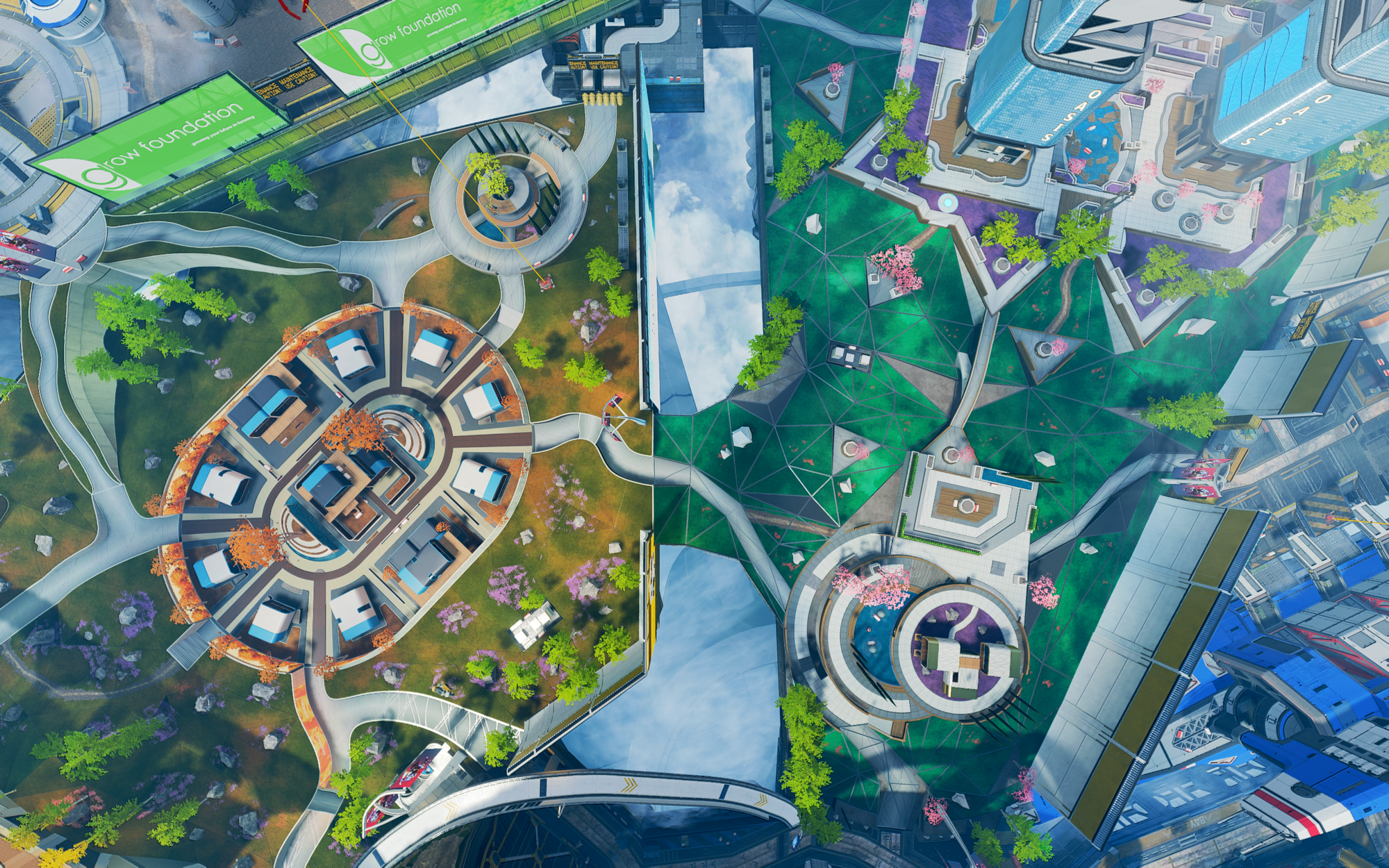 A top-down view of Olympus' terrain, showing a patchwork of turf triangles, and clear gaps in-between areas to display the sky below. A cluster of homes called Autumn Estates can be seen on the left, while on the right are the vast residential Oasis tower blocks.