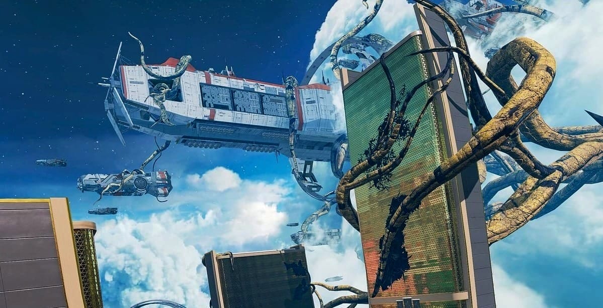 Several giant, boxy space ships float in the air above Olympus, with large tentacle vines grabbing the golden skyscraper of Bonsai Plaza and damaging its exterior. In the distance is a deep blue skybox with bright white clouds and stars.