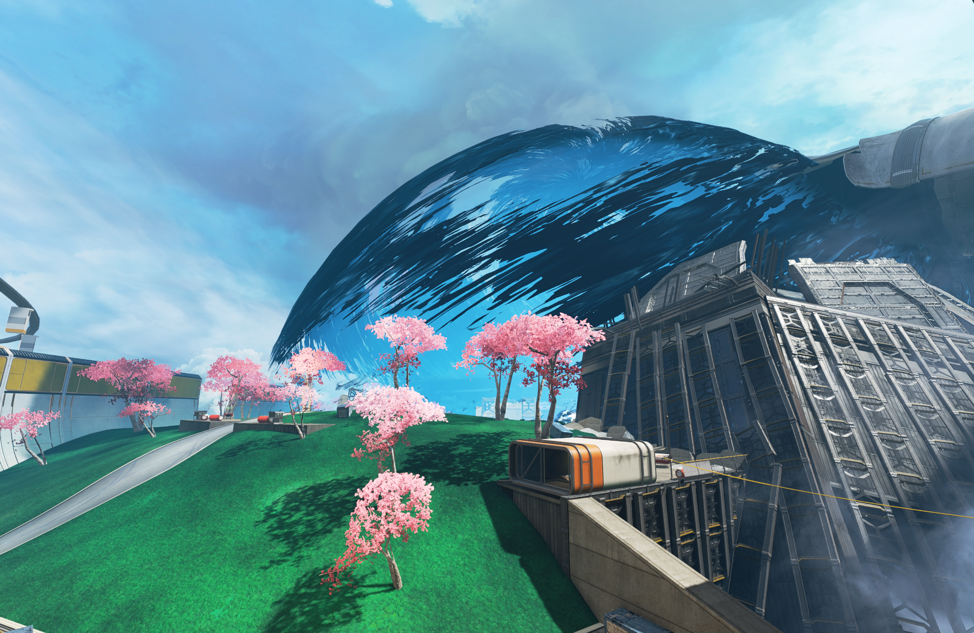 A giant blue bubble of energy sits atop a green rolling hill, with pink cherry blossoms in the foreground. The energy bubble is connected to a giant metal pipe, which has become twisted and damaged.