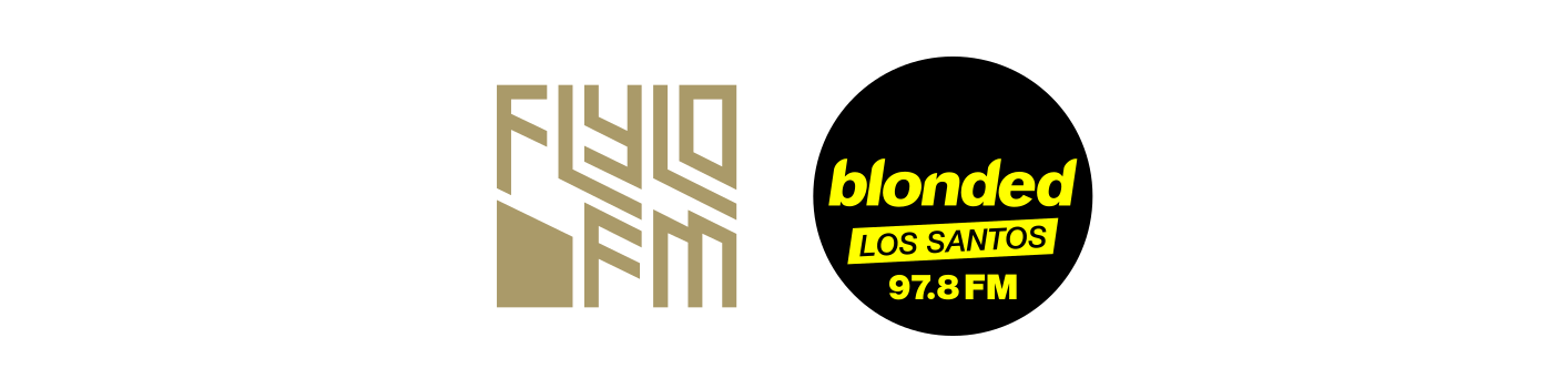 The gold-bronze logo of Flylo FM, and the black circle with yellow text of Blonded Los Santos. 