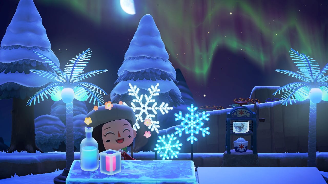 A snowy scene in Animal Crossing with an ice bar, northern lights and snow-covered trees.