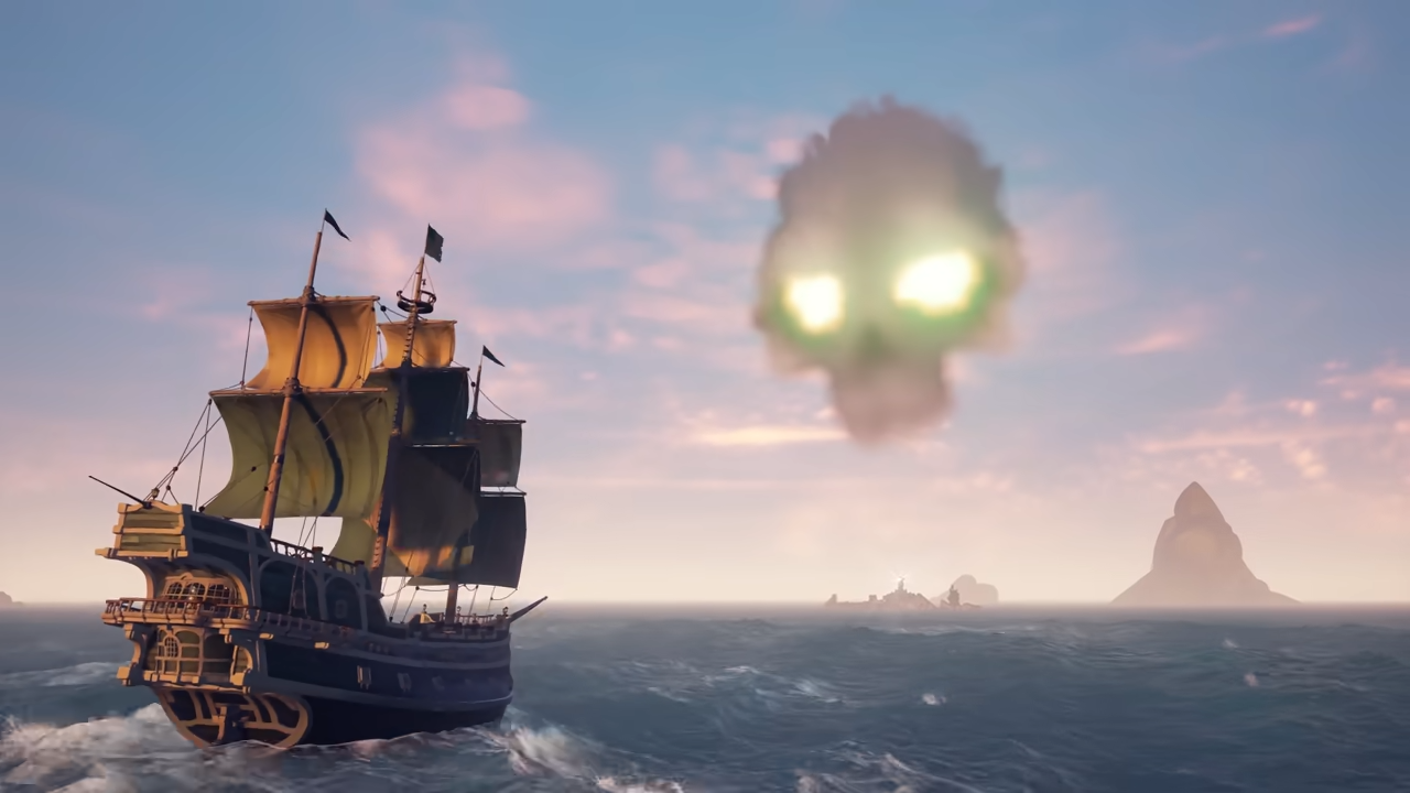 a pirate ship sails towards an island with a skull cloud flying overhead