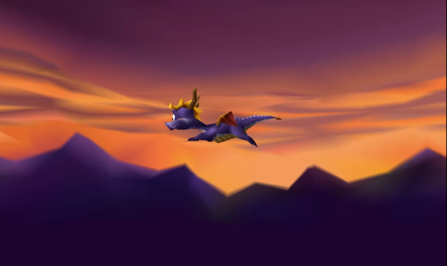 spyro the purple dragon flies across a sunset horizon