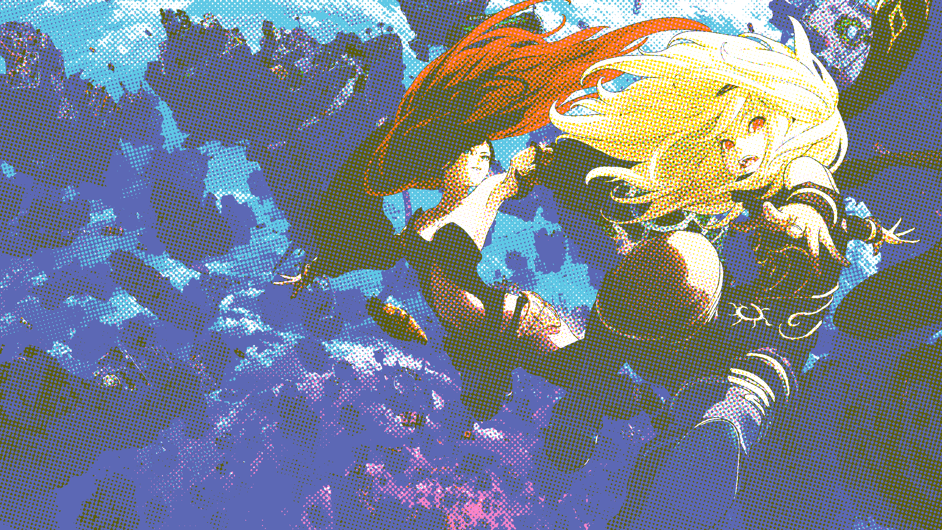 The Gravity Rush 2 protagonists fall through the air, with flying islands in the background. 