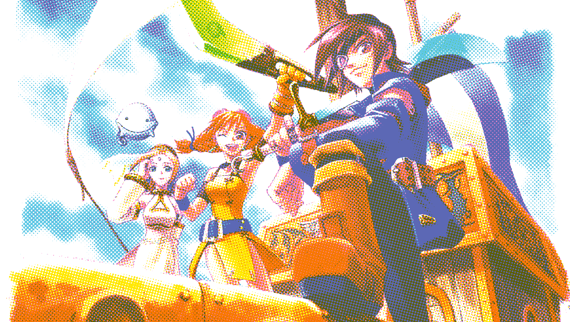 Official game art for Skies of Arcadia, showing the cast standing on board a flying boat. 